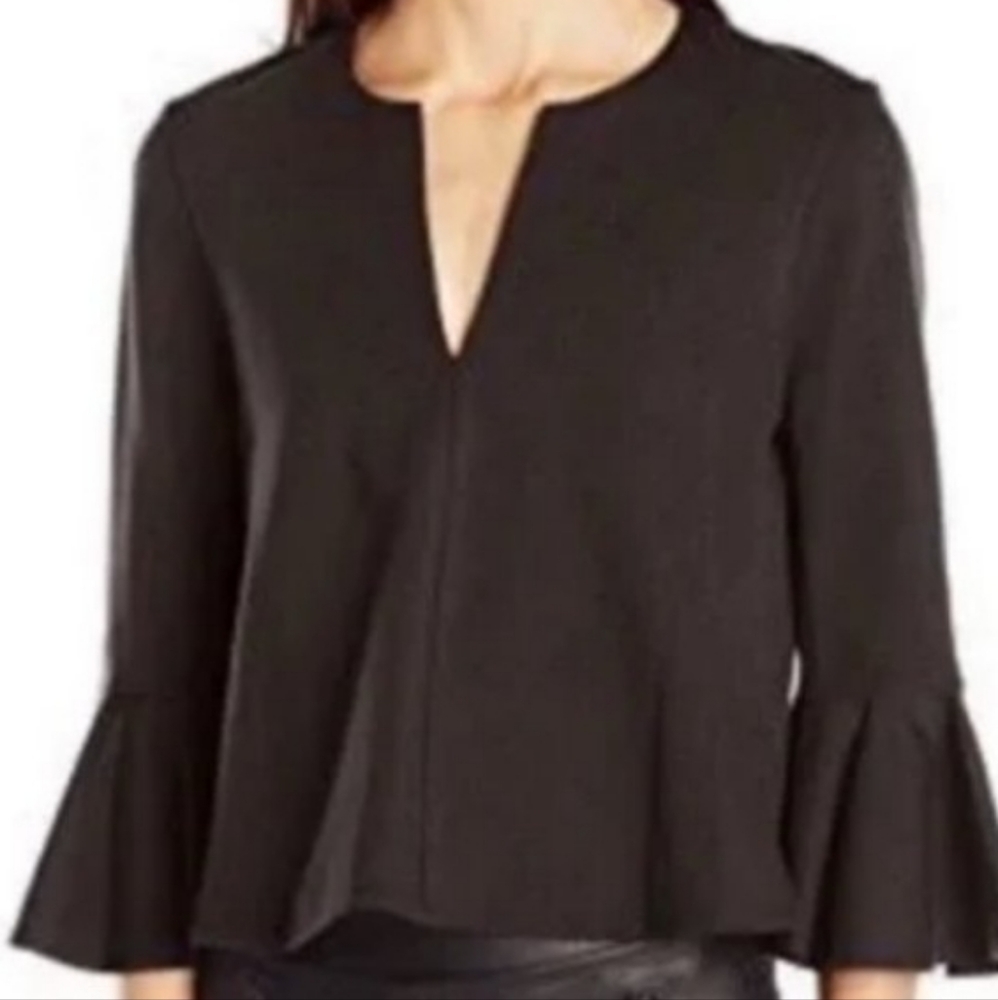 BCBGMaxAzria Black Pinstriped Split Crew Beck Bell Sleeve Blouse / Top…xs